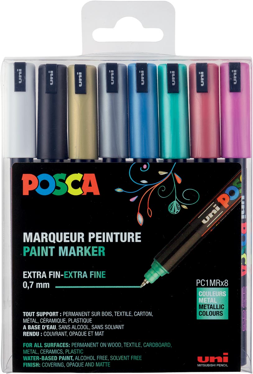 Uni POSCA paintmarker PC-1MC, 0,7 mm, etui met 8 stuks in geassorteerde metallic kleuren afbeelding