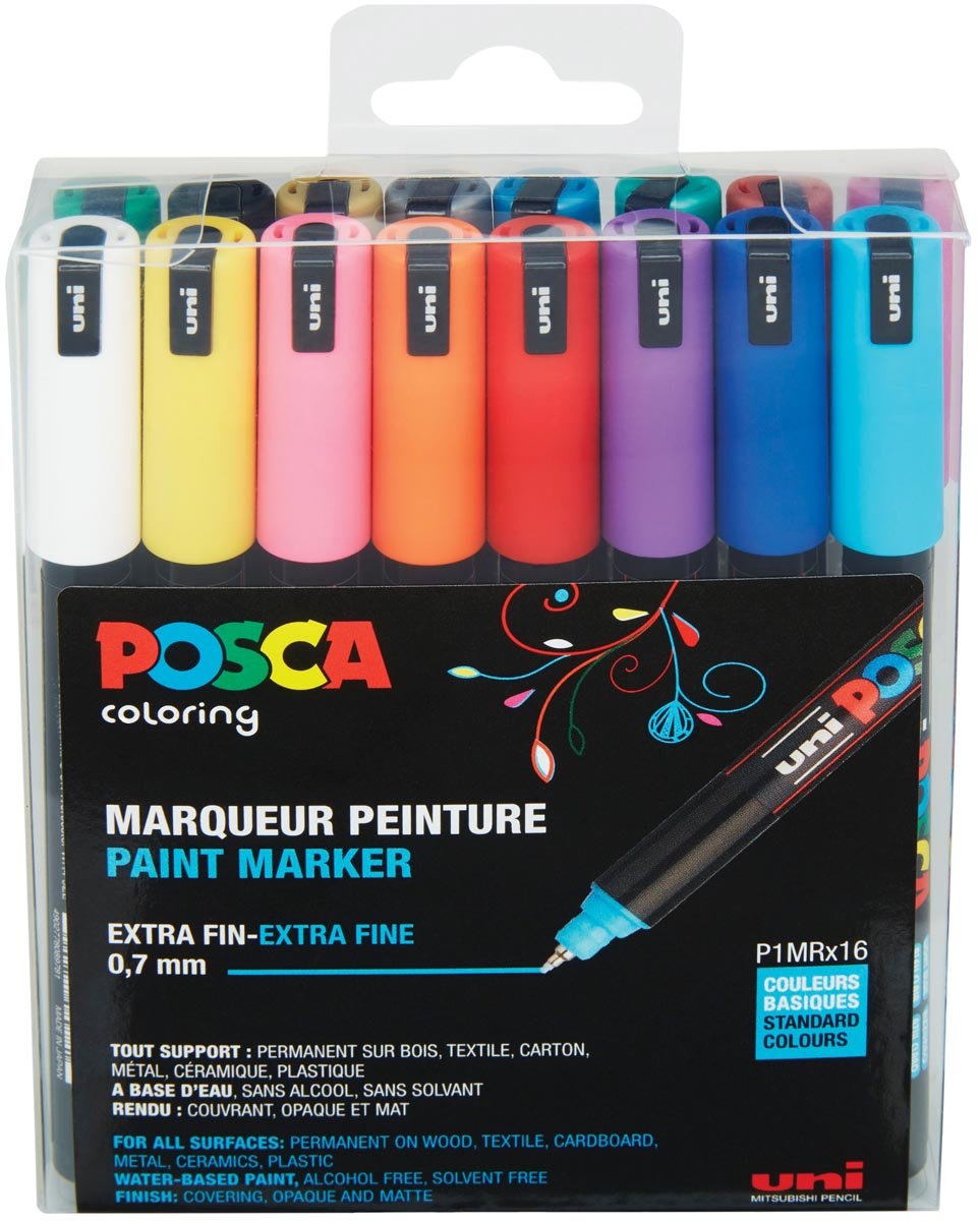 Uni POSCA paintmarker PC-1MR, 0,7 mm, doos van 16 stuks in geassorteerde kleuren afbeelding