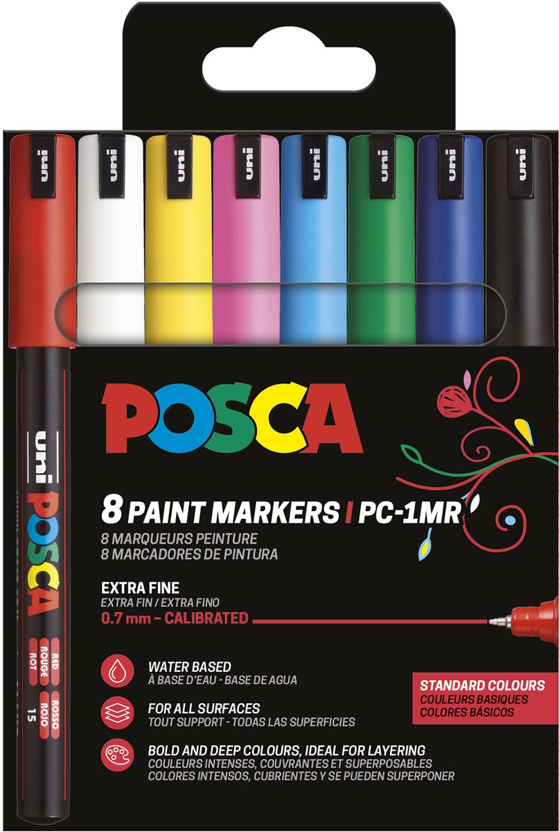 Uni POSCA paintmarker PC-1MR, 0,7 mm, etui van 8 stuks in geassorteerde basiskleuren afbeelding