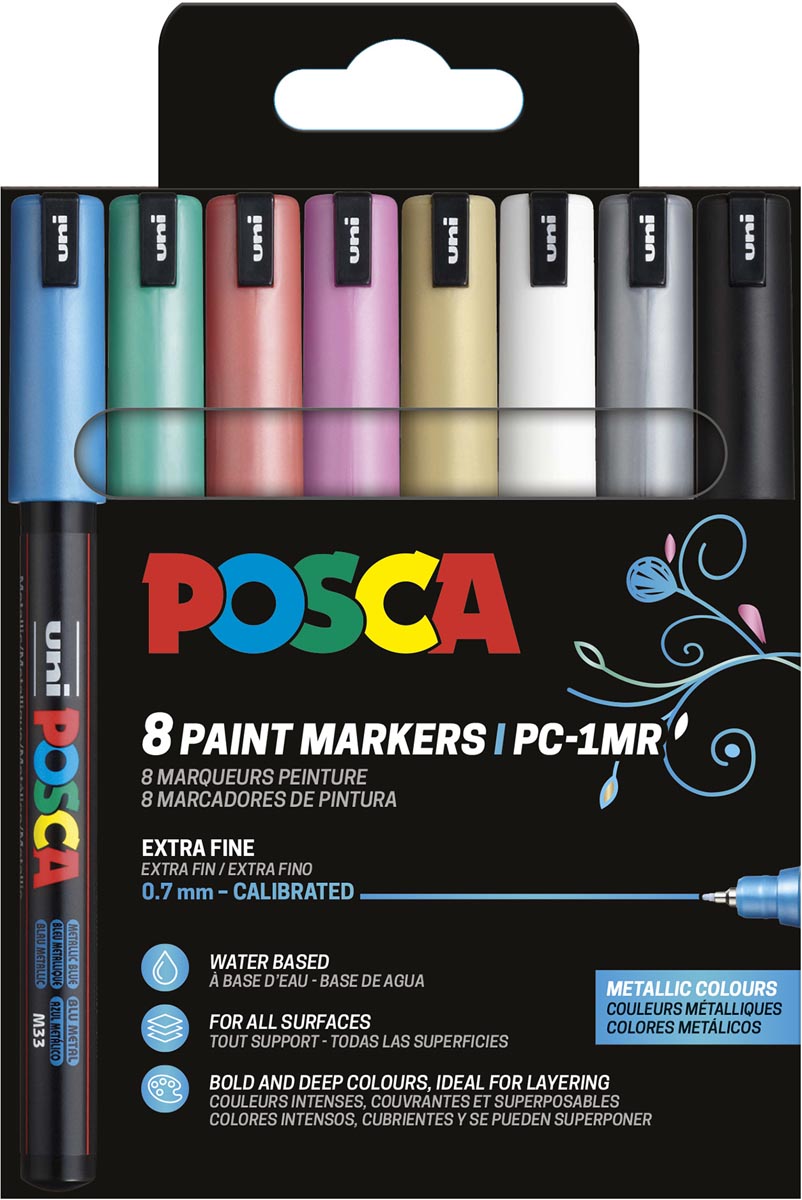 Uni POSCA paintmarker PC-1MR, 0,7 mm, etui van 8 stuks in geassorteerde metallic kleuren afbeelding