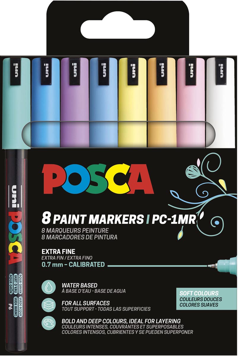 Uni POSCA paintmarker PC-1MR, 0,7 mm, etui van 8 stuks in geassorteerde zachte kleuren afbeelding