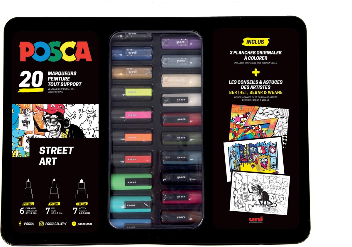 Posca paintmarkers, metalen doos van 20 stuks, in geassorteerde kleuren, ontwerp Street art afbeelding