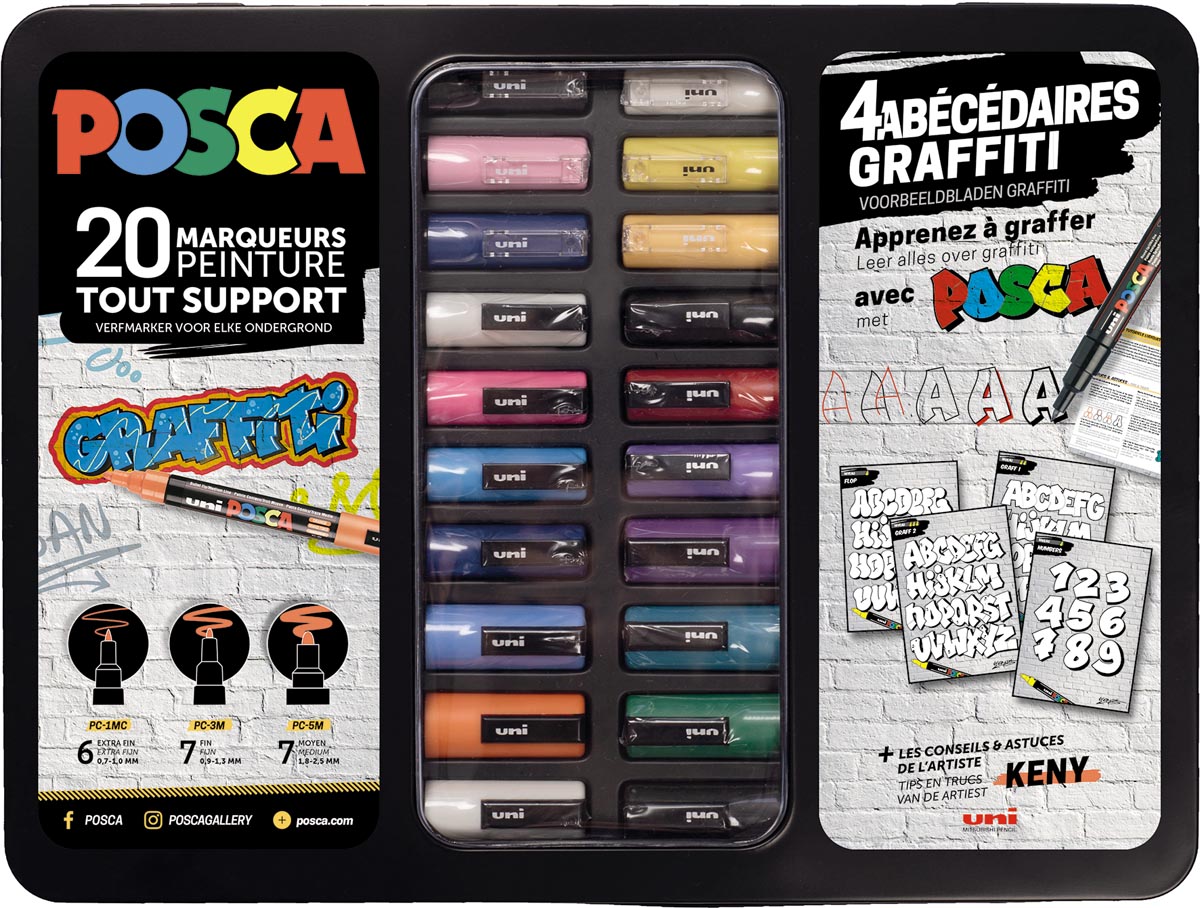 Posca paintmarkers, metalen doos van 20 stuks, in geassorteerde kleuren, ontwerp Graffiti Abécédaire Posca paintmarkers, metalen doos van 20 stuks, in geassorteerde kleuren, ontwerp Graffiti Abécédaire