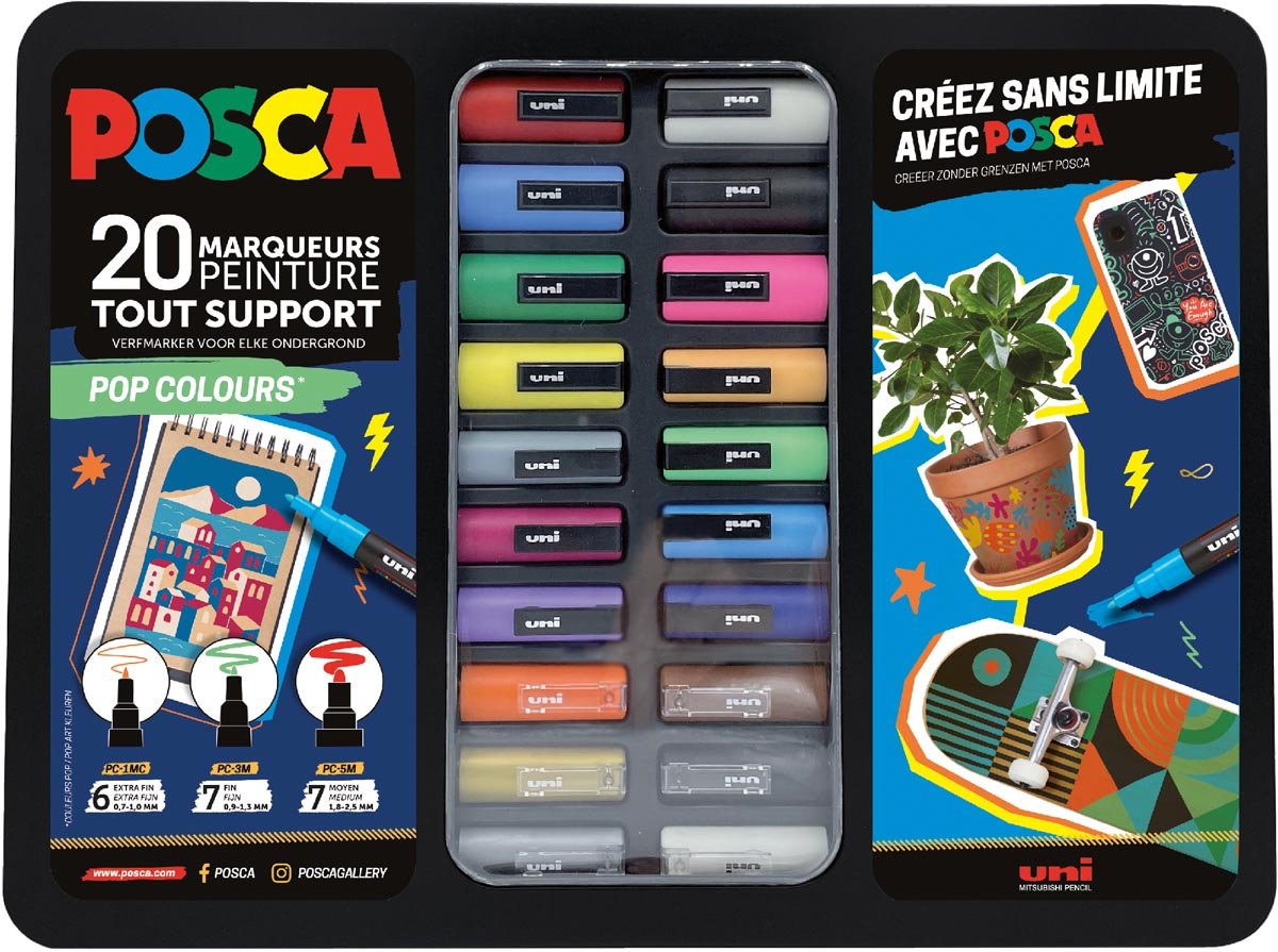 Posca paintmarkers, metalen doos van 20 stuks, assorti, ontwerp Pop Colours afbeelding