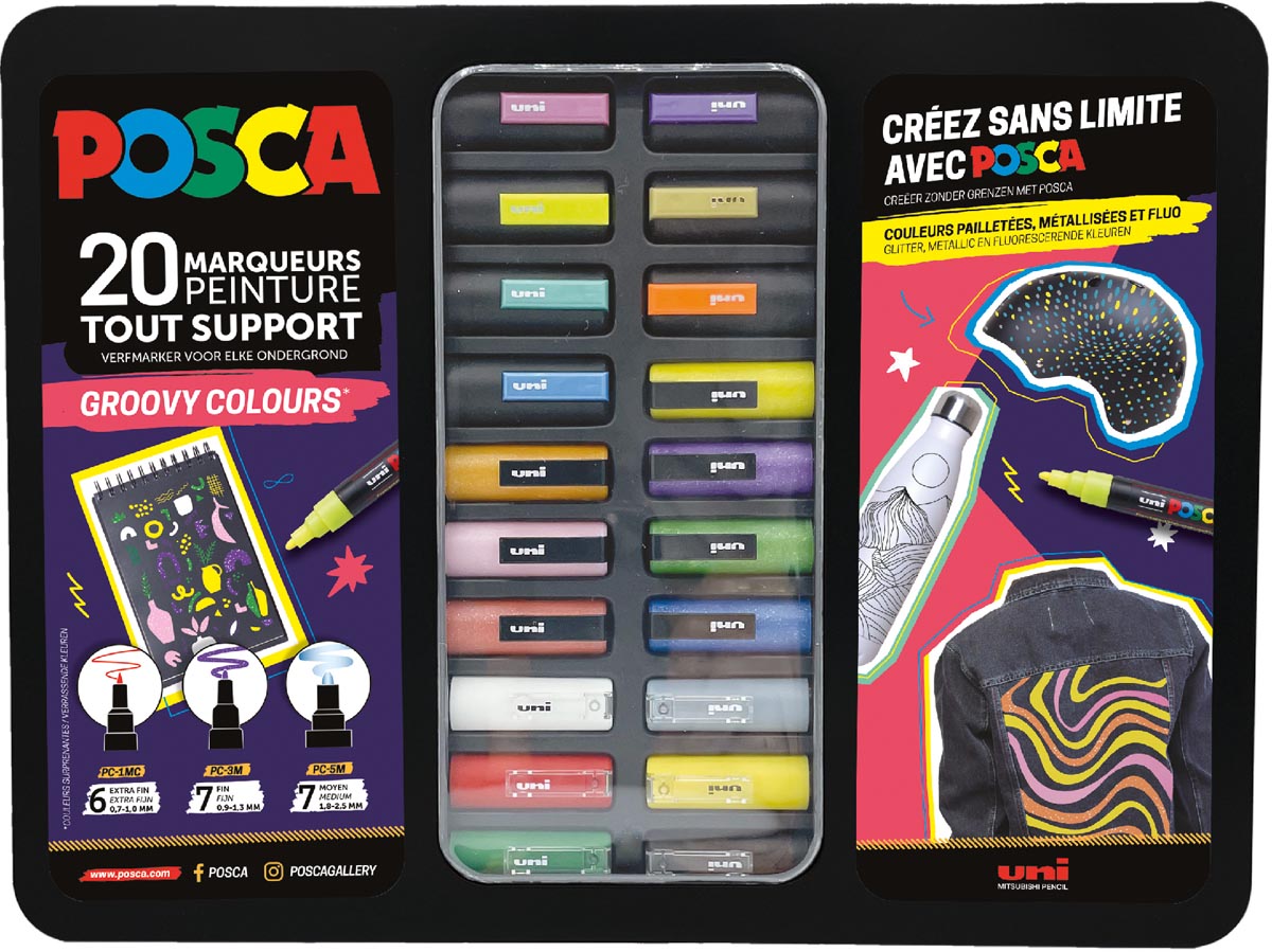 Posca paintmarkers, metalen doos van 20 stuks, assorti, ontwerp Groovy Colours afbeelding