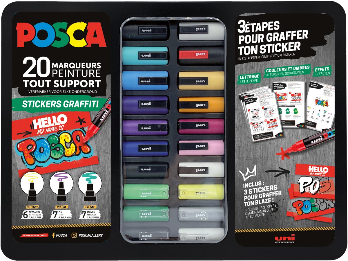 Posca paintmarkers, metalen doos van 20 stuks, assorti, ontwerp Stickers Graffiti afbeelding