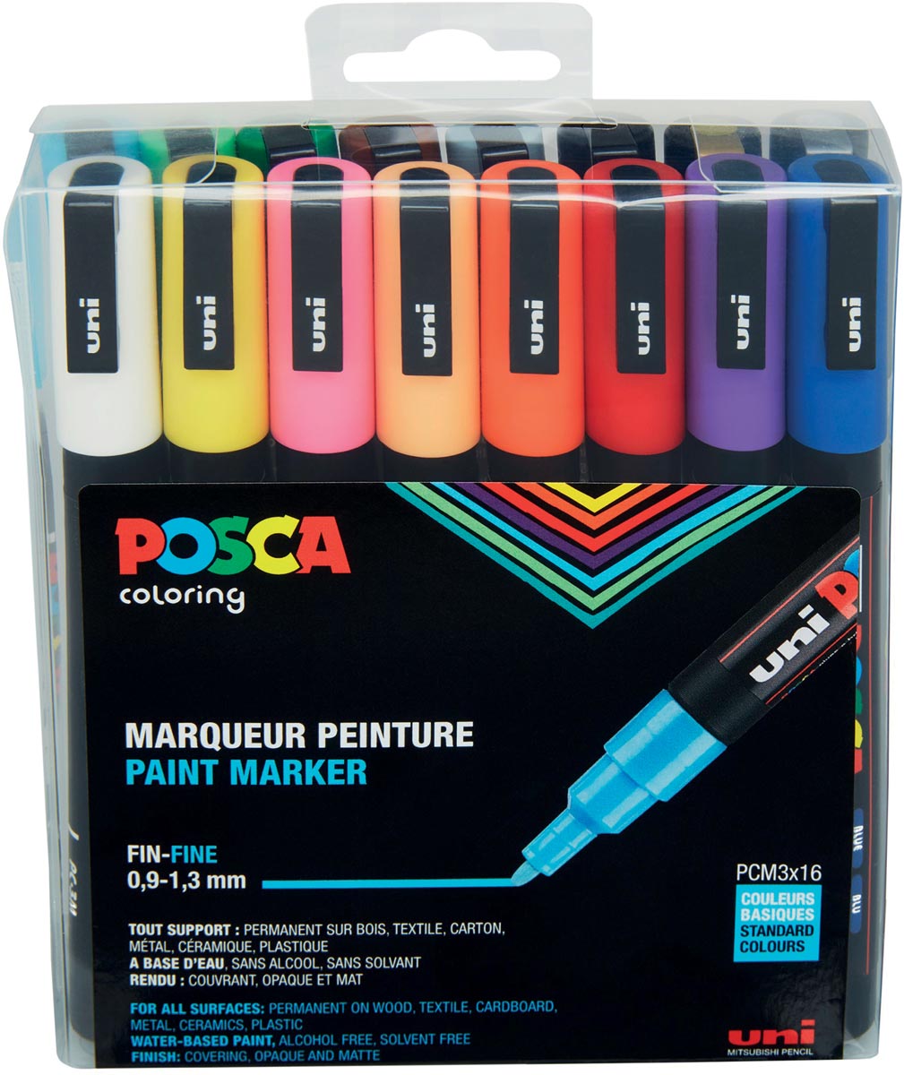Uni POSCA paintmarker PC-3M, 1,5 mm, etui van 16 stuks in geassorteerde kleuren afbeelding