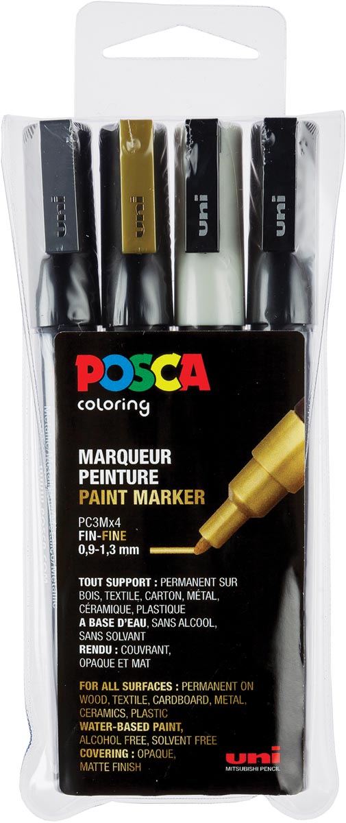 Uni POSCA paintmarker PC-3M, 1,5 mm, etui van 4 stuks in wit, zwart, goud en zilver afbeelding