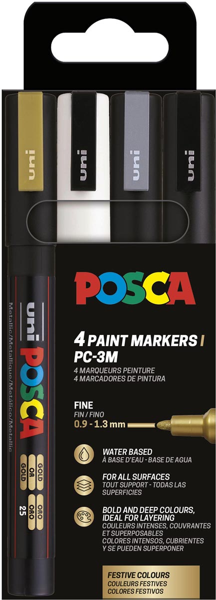 Uni POSCA paintmarker PC-3M, 1,5 mm, etui van 4 stuks in goud, wit, zilver en zwart afbeelding