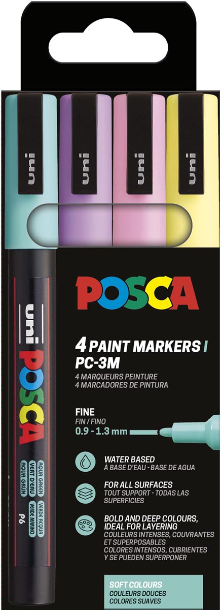 Uni POSCA paintmarker PC-3M, 1,5 mm, etui van 4 stuks in geassorteerde zachte kleuren afbeelding