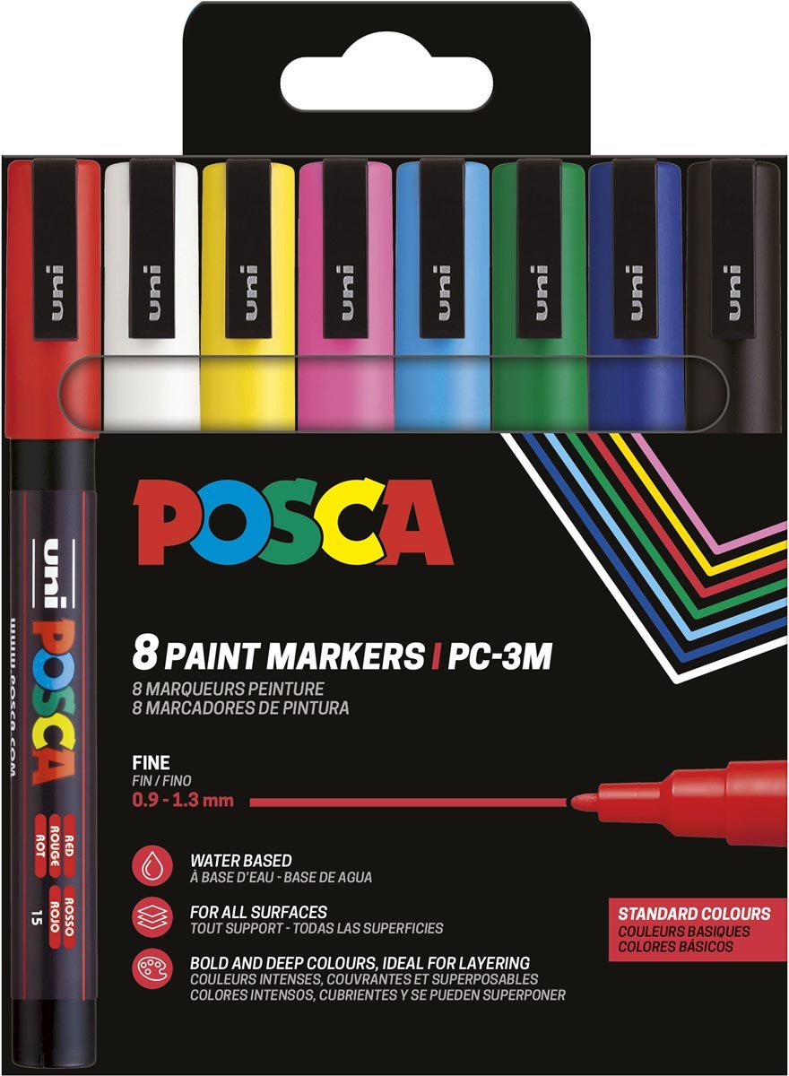 Uni POSCA paintmarker PC-3M, 1,5 mm, etui van 8 stuks in geassorteerde basiskleuren afbeelding