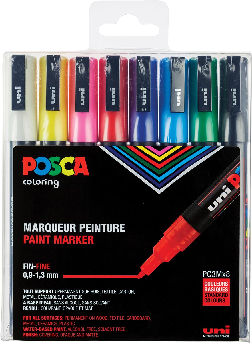 Uni POSCA paintmarker PC-3M, 1,5 mm, Etui van 8 markers in geassorteerde basiskleuren afbeelding
