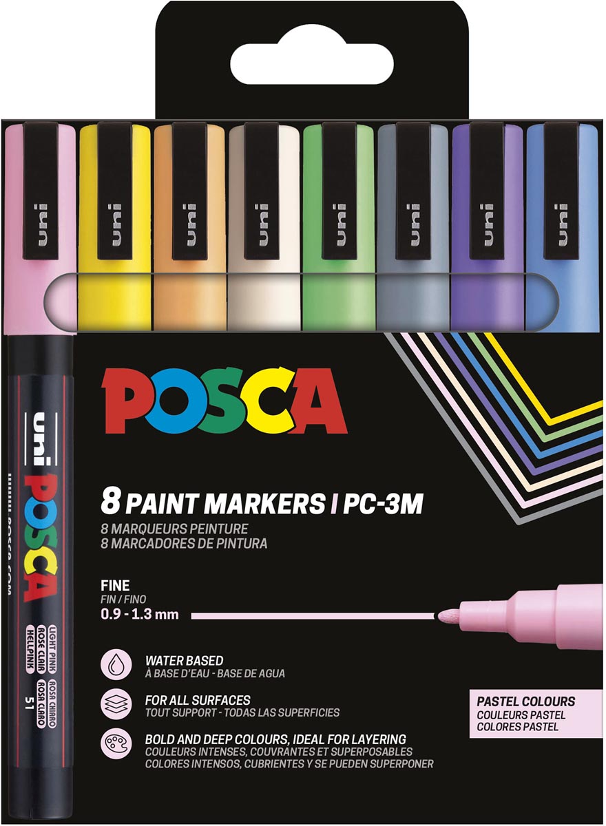 Uni POSCA paintmarker PC-3M, 1,5 mm, etui van 8 stuks in geassorteerde pastelkleuren afbeelding