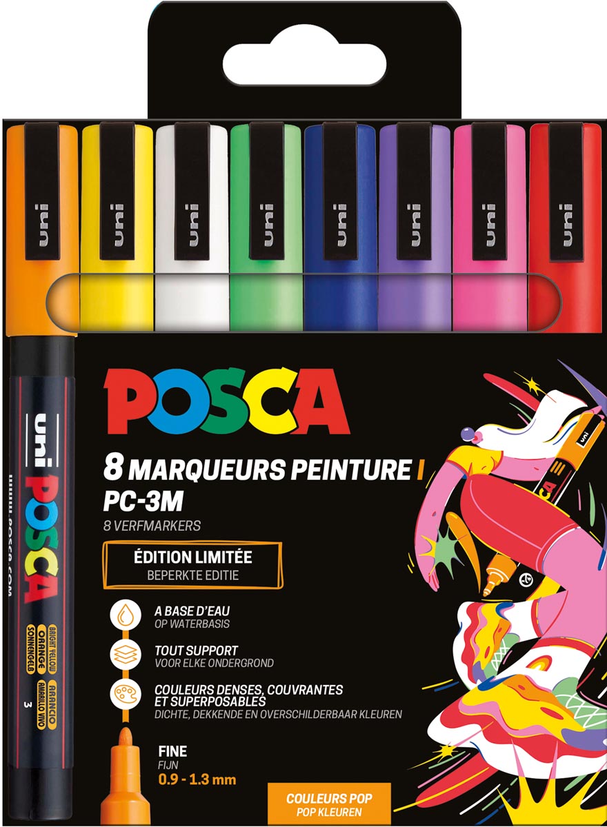 Uni POSCA paintmarker PC-3M, 1,5 mm, etui van 8 stuks in geassorteerde Pop kleuren afbeelding