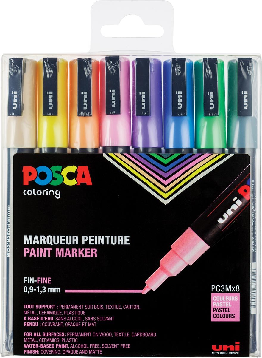 Uni POSCA paintmarker PC-3M, 1,5 mm, etui van 8 markers in geassorteerde pastelkleuren afbeelding