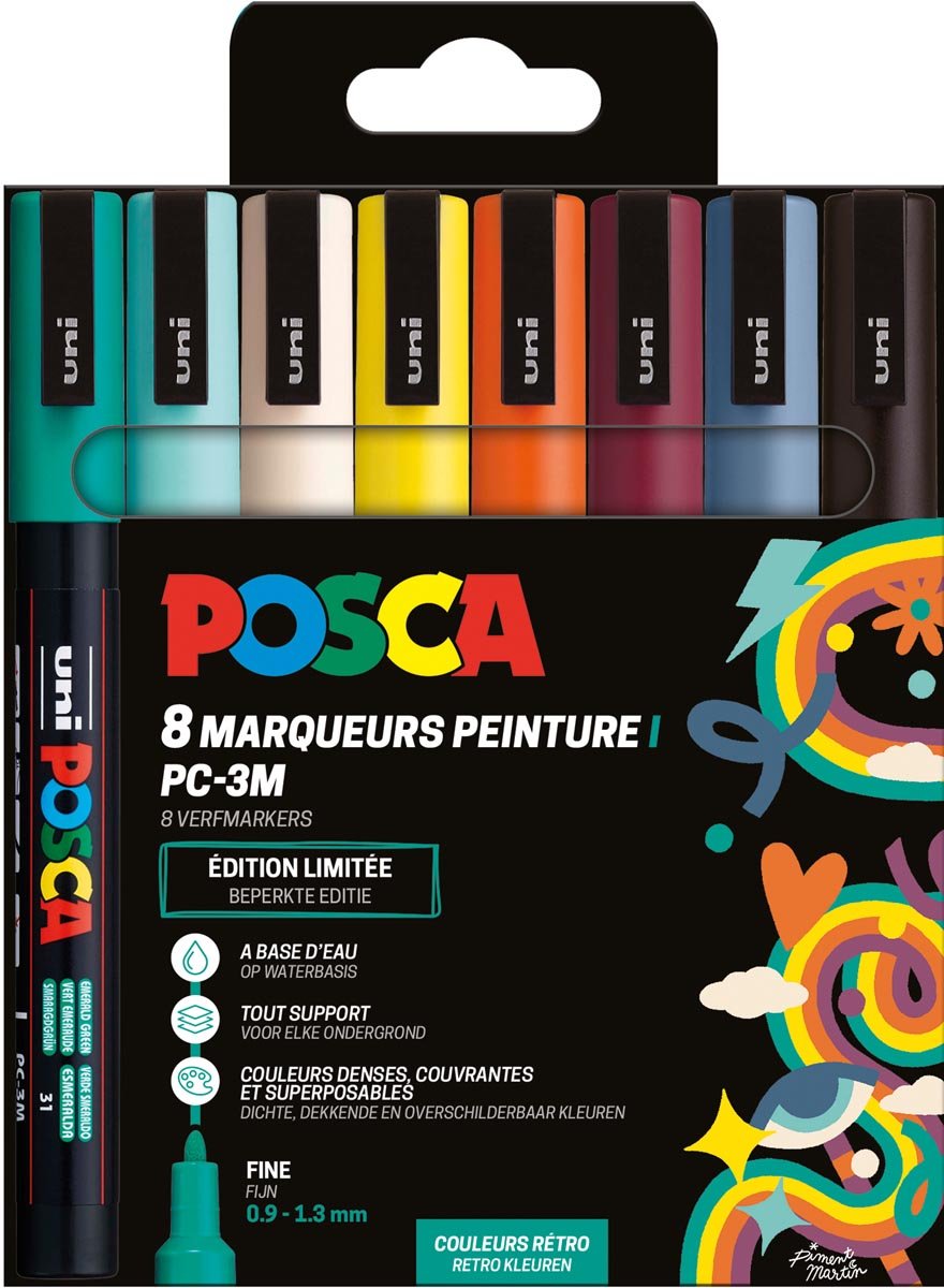 Uni POSCA paintmarker PC-3M, 1,5 mm, etui van 8 stuks in geassorteerde Retro kleuren afbeelding