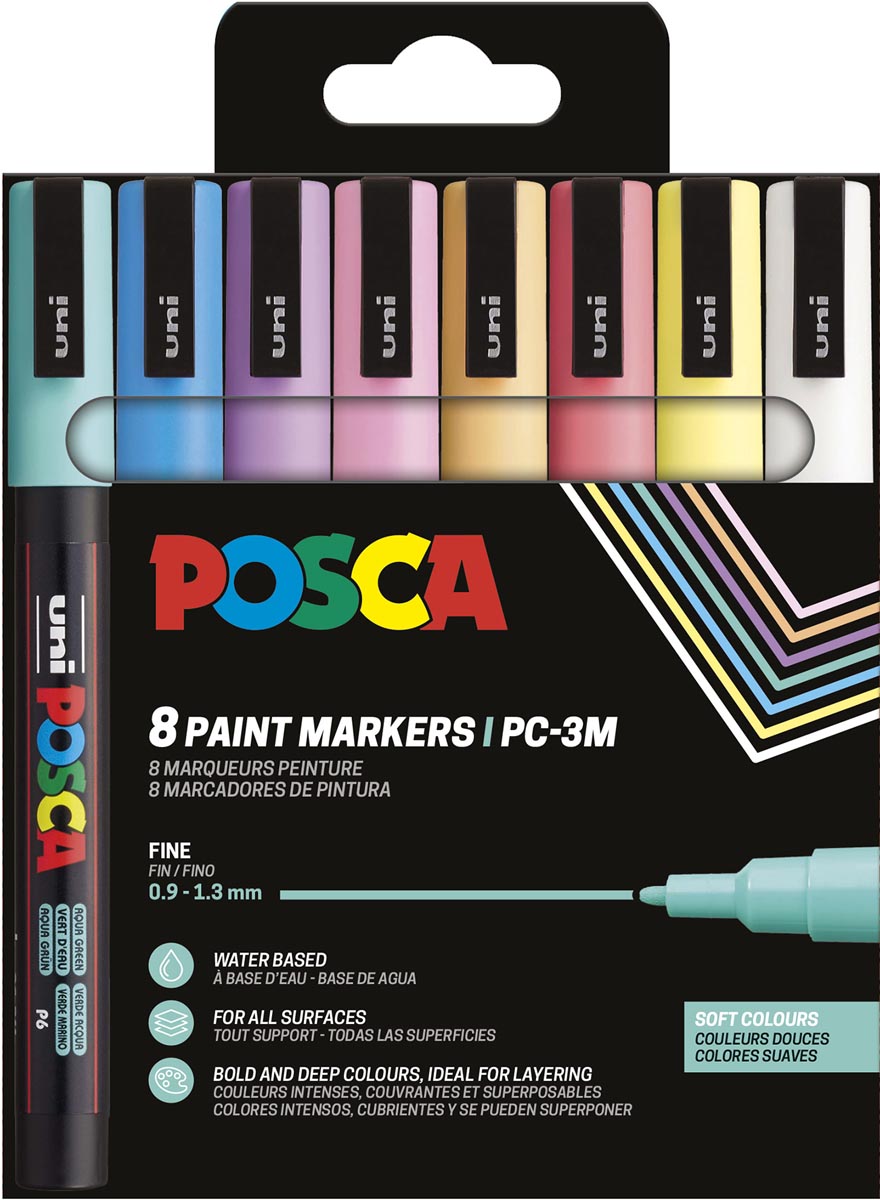 Uni POSCA paintmarker PC-3M, 1,5 mm, etui van 8 stuks in geassorteerde zachte kleuren afbeelding