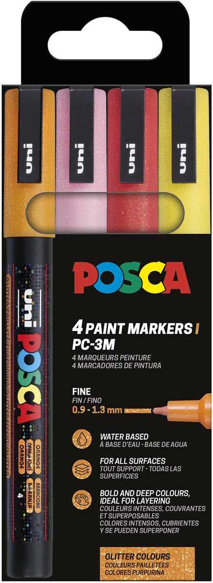 Uni POSCA paintmarker PC-3ML, 1,5 mm, glitter, etui van 4 stuks oranje, roze, rood en geel afbeelding