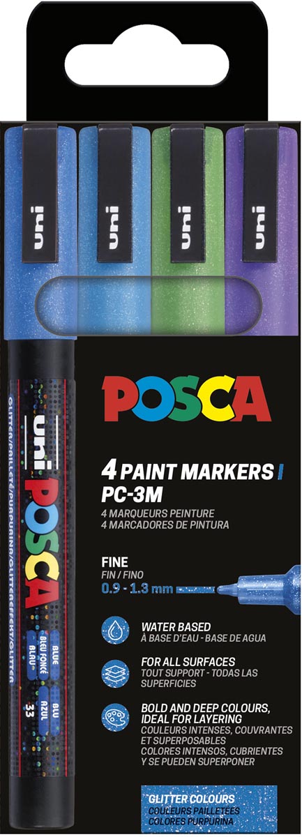 Uni POSCA paintmarker PC-3ML, 1,5 mm, glitter, etui van 4 stuks donkerblauw, lichtblauw, groen en violet afbeelding