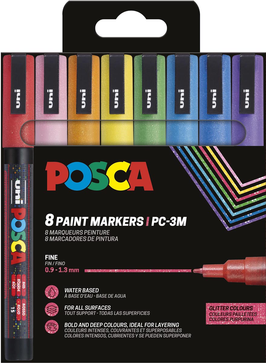 Uni POSCA paintmarker PC-3ML, 1,5 mm, glitter, etui van 8 stuks in geassorteerde kleuren afbeelding