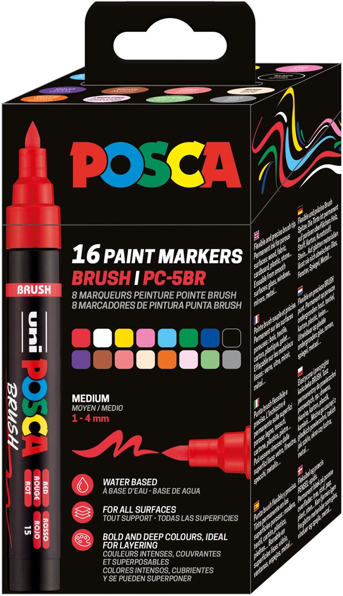 Uni Posca paintmarker PC-5BR, 1 - 4 mm, penseel punt, blister van 16 stuks