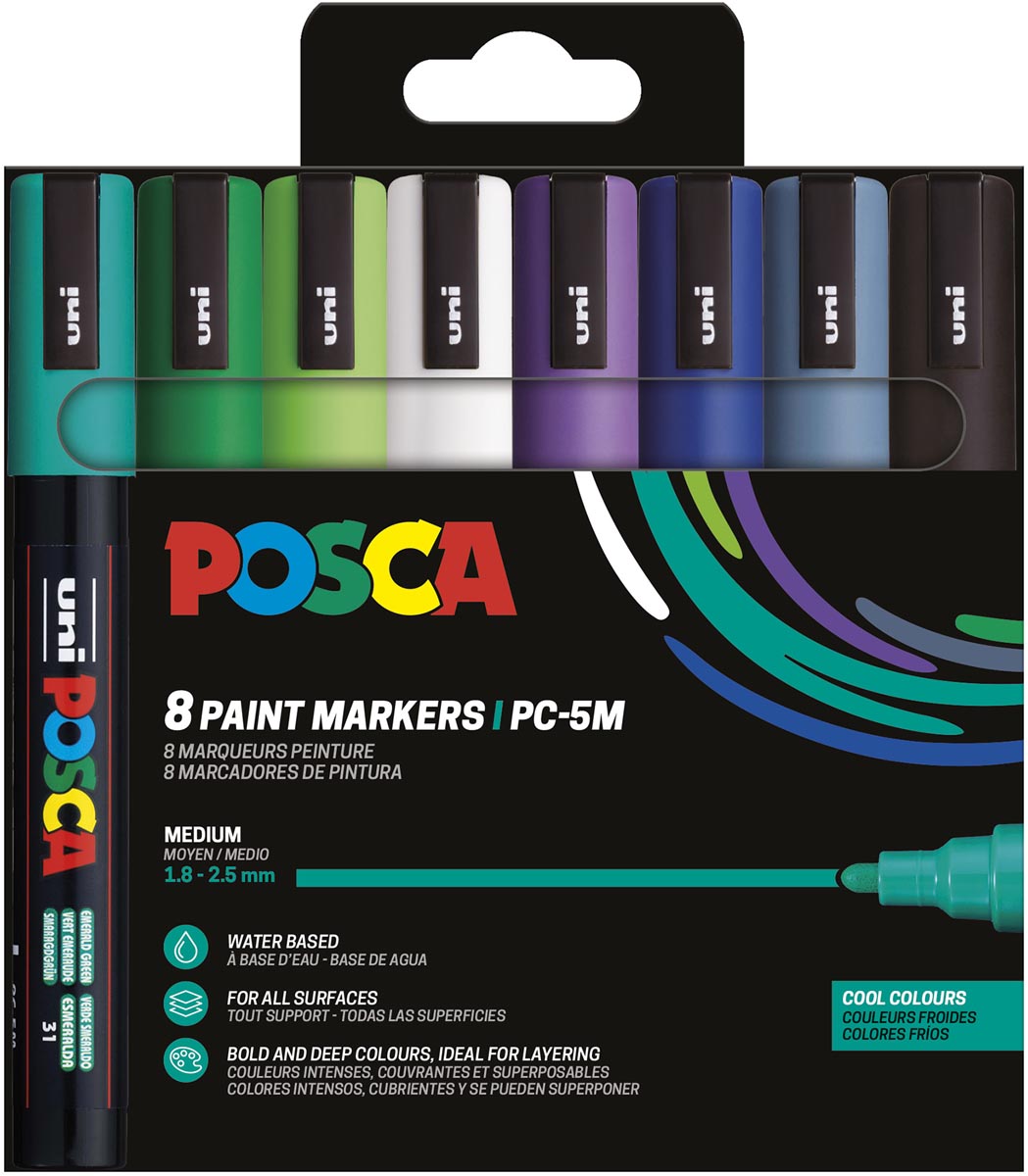 Uni POSCA paintmarker PC-5M, 1,8 - 2,5 mm, etui van 8 stuks in koude kleuren afbeelding