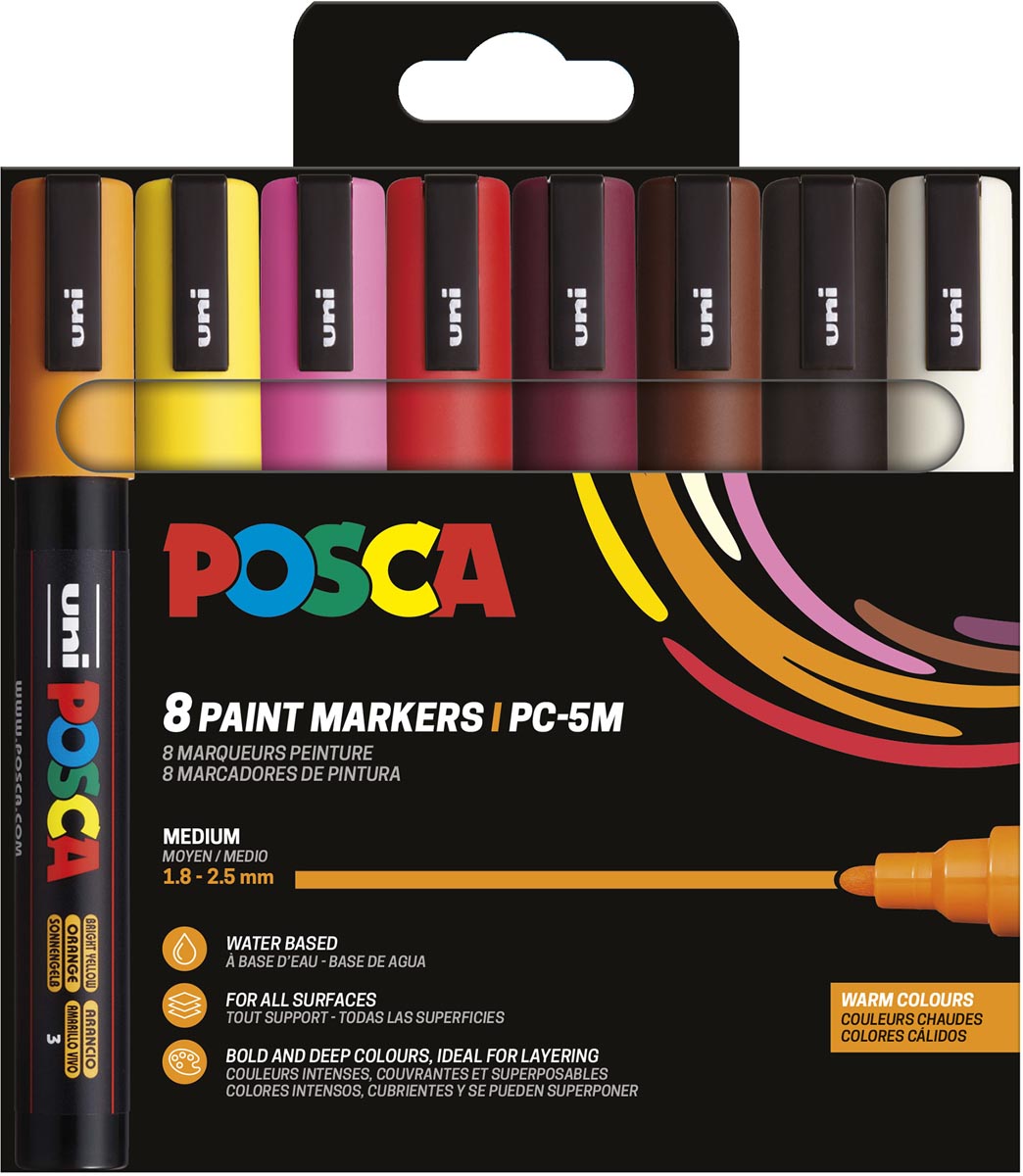 Uni POSCA paintmarker PC-5M, 1,8 - 2,5 mm, etui van 8 stuks in warme kleuren afbeelding