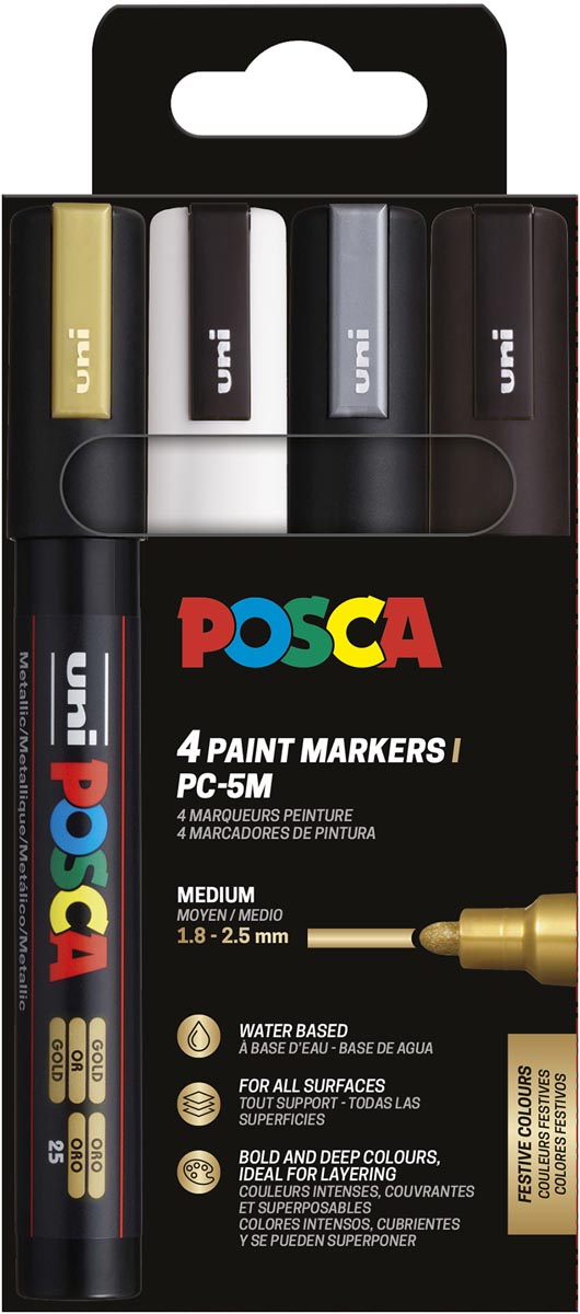 Uni POSCA paintmarker PC-5M, 1,8 - 2,5 mm, etui van 4 stuks goud, wit, zilver en zwart afbeelding