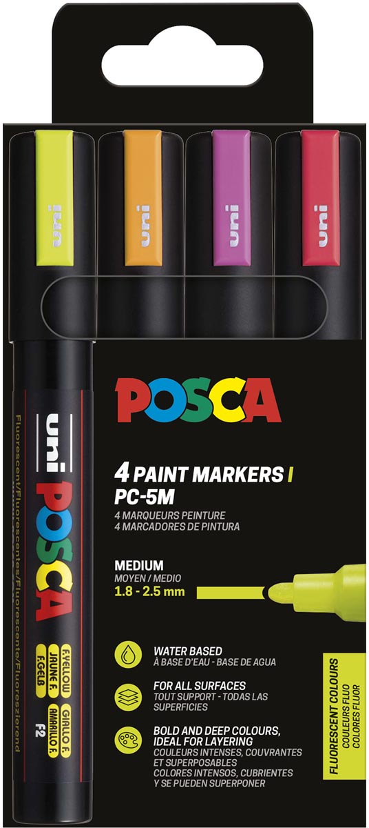 Uni POSCA paintmarker PC-5M, 1,8 - 2,5 mm, etui van 4 stuks in fluo kleuren afbeelding