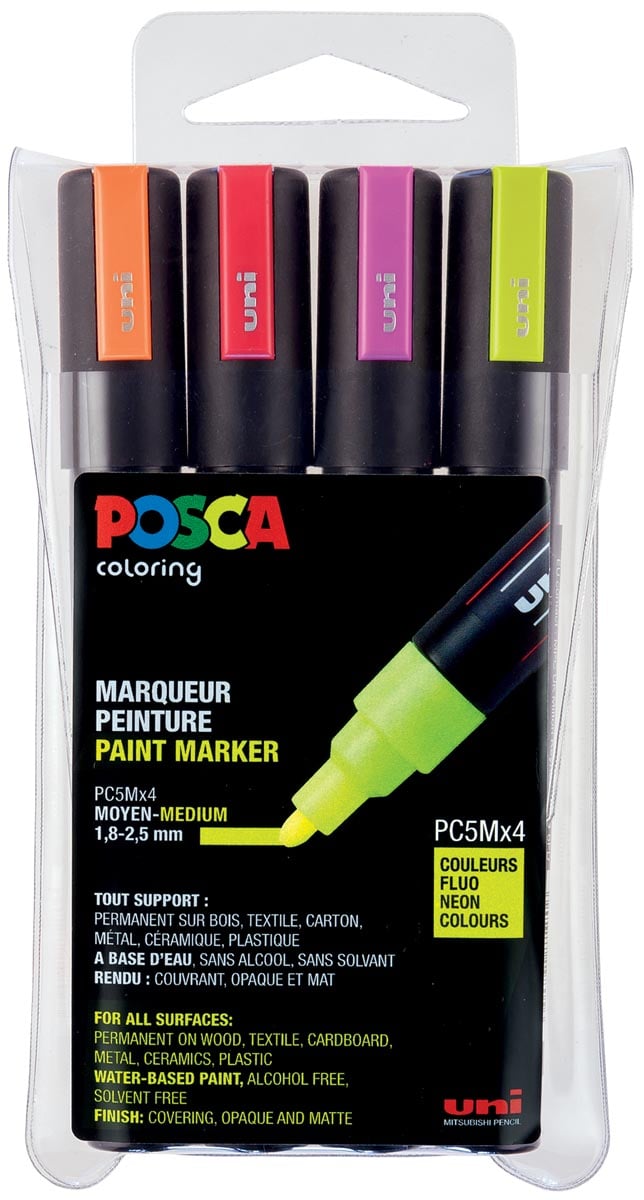 Uni POSCA paintmarker PC-5M, 1,8 - 2,5 mm, etui van 4 stuks in geassorteerde fluo kleuren afbeelding