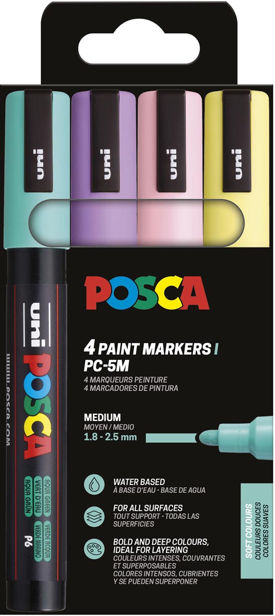 Uni POSCA paintmarker PC-5M, 1,8 - 2,5 mm, etui van 4 stuks in zachte kleuren afbeelding