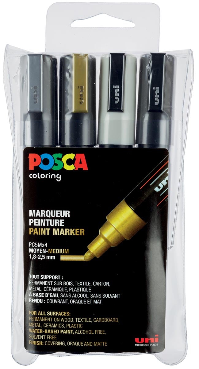 Uni POSCA paintmarker PC-5M, 1,8 - 2,5 mm, etui van 4 stuks in geassorteerde vanallic kleuren afbeelding