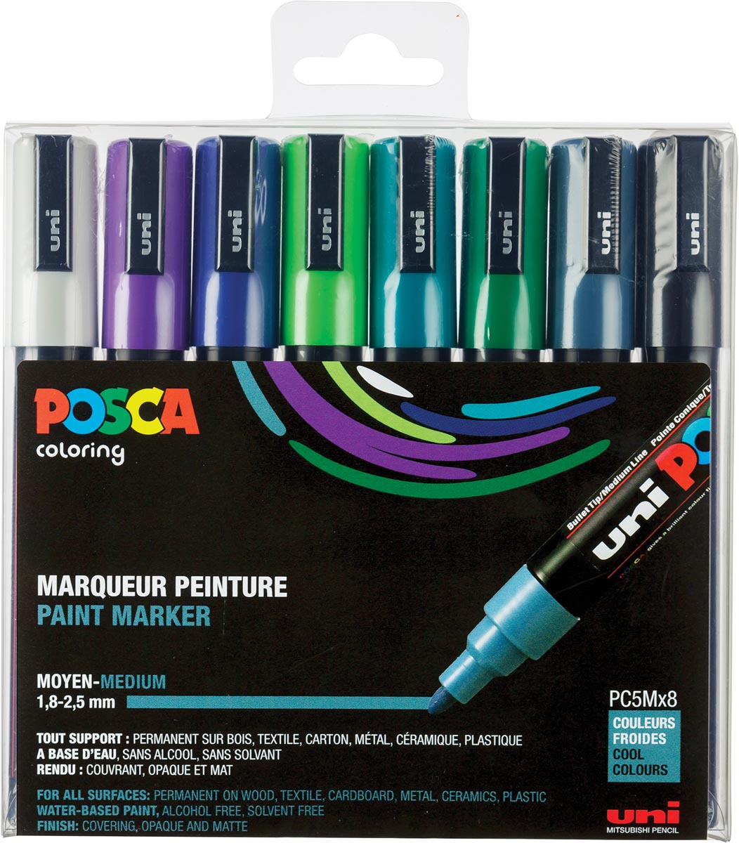Uni POSCA paintmarker PC-5M, 1,8 - 2,5 mm, etui van 8 markers in geassorteerde koude kleuren afbeelding