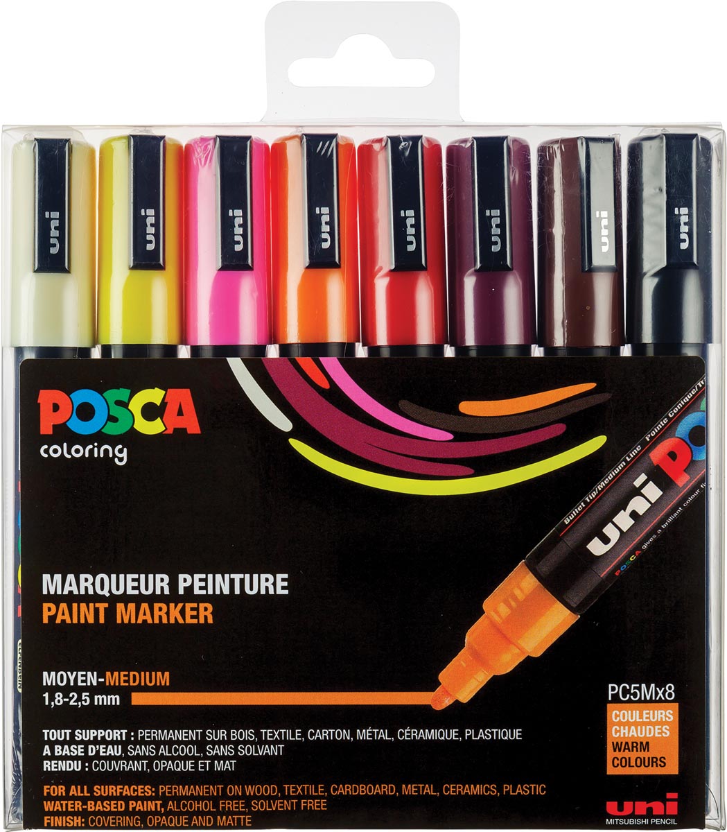 Uni POSCA paintmarker PC-5M, 1,8 - 2,5 mm, etui van 8 markers in geassorteerde warme kleuren afbeelding