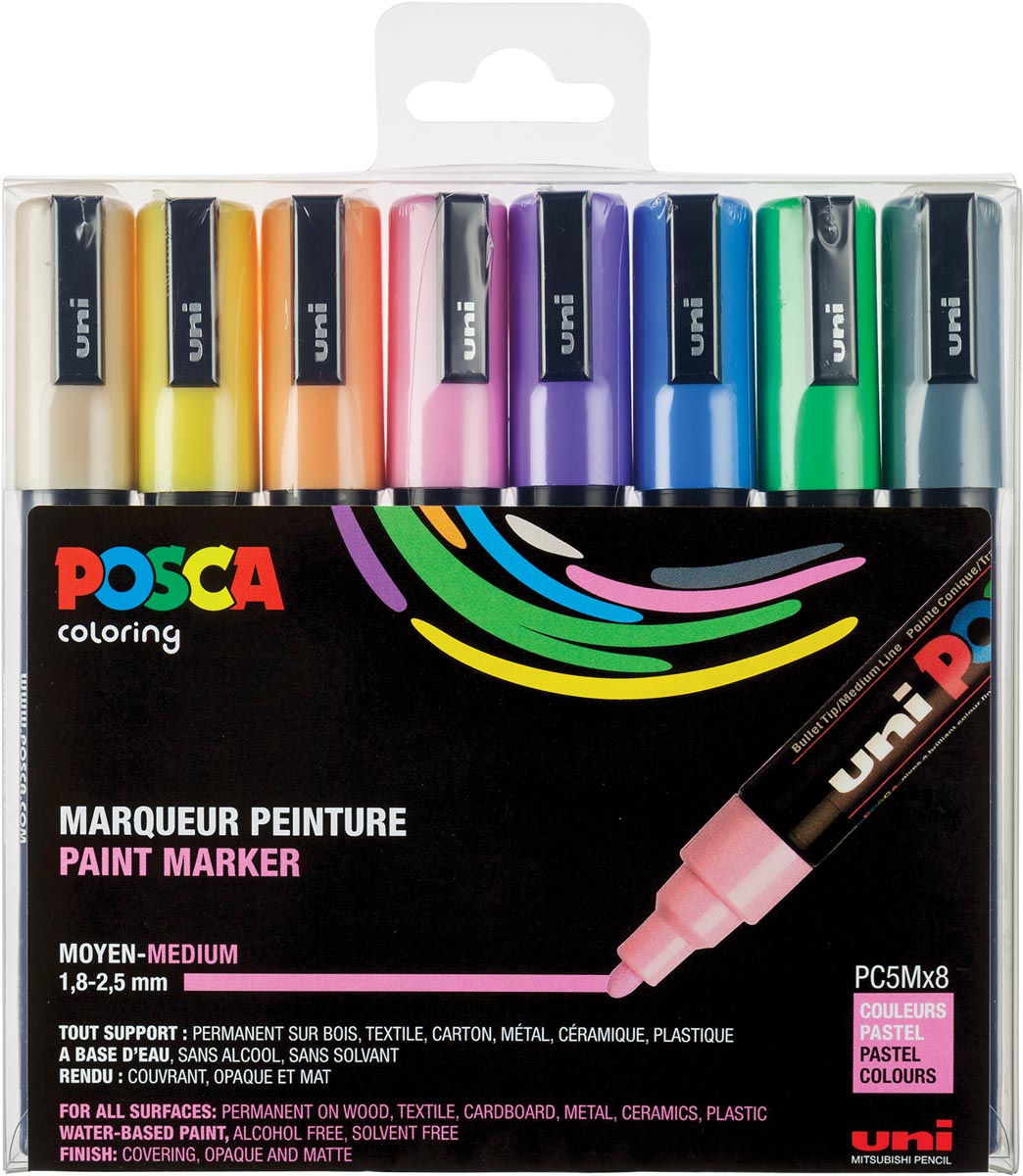 Uni POSCA paintmarker PC-5M, 1,8 - 2,5 mm, etui van 8 markers in geassorteerde pastelkleuren afbeelding