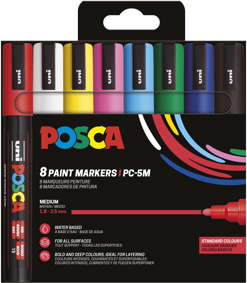 Uni POSCA paintmarker PC-5M, 1,8 - 2,5 mm, etui van 8 stuks in basiskleuren afbeelding