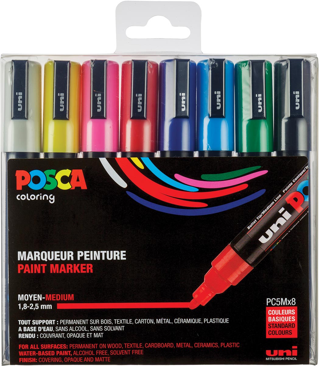 Uni POSCA paintmarker PC-5M, 1,8 - 2,5 mm, etui van 8 markers in geassorteerde basiskleuren afbeelding