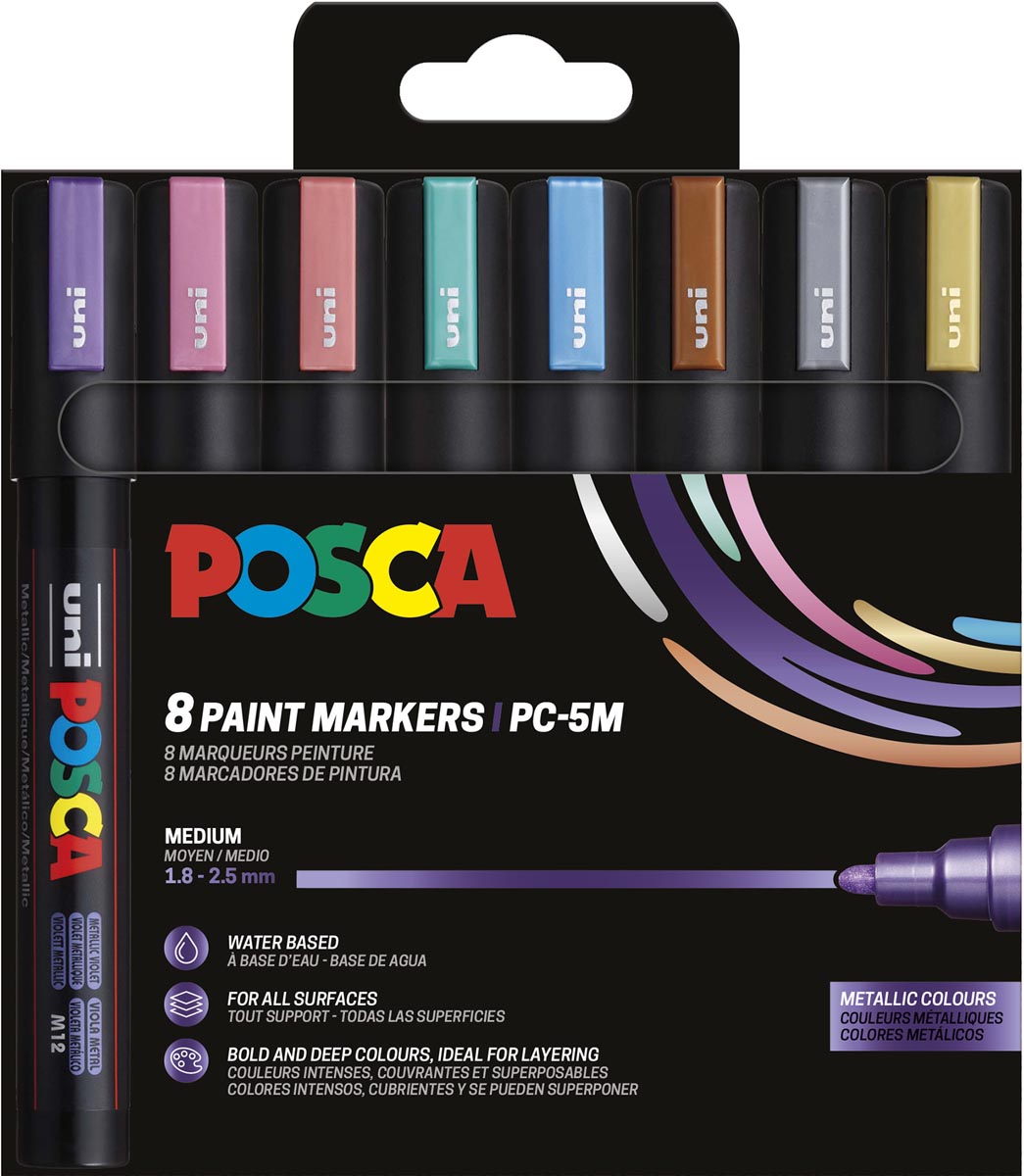 Uni POSCA paintmarker PC-5M, 1,8 - 2,5 mm, etui van 8 stuks in metallic kleuren afbeelding
