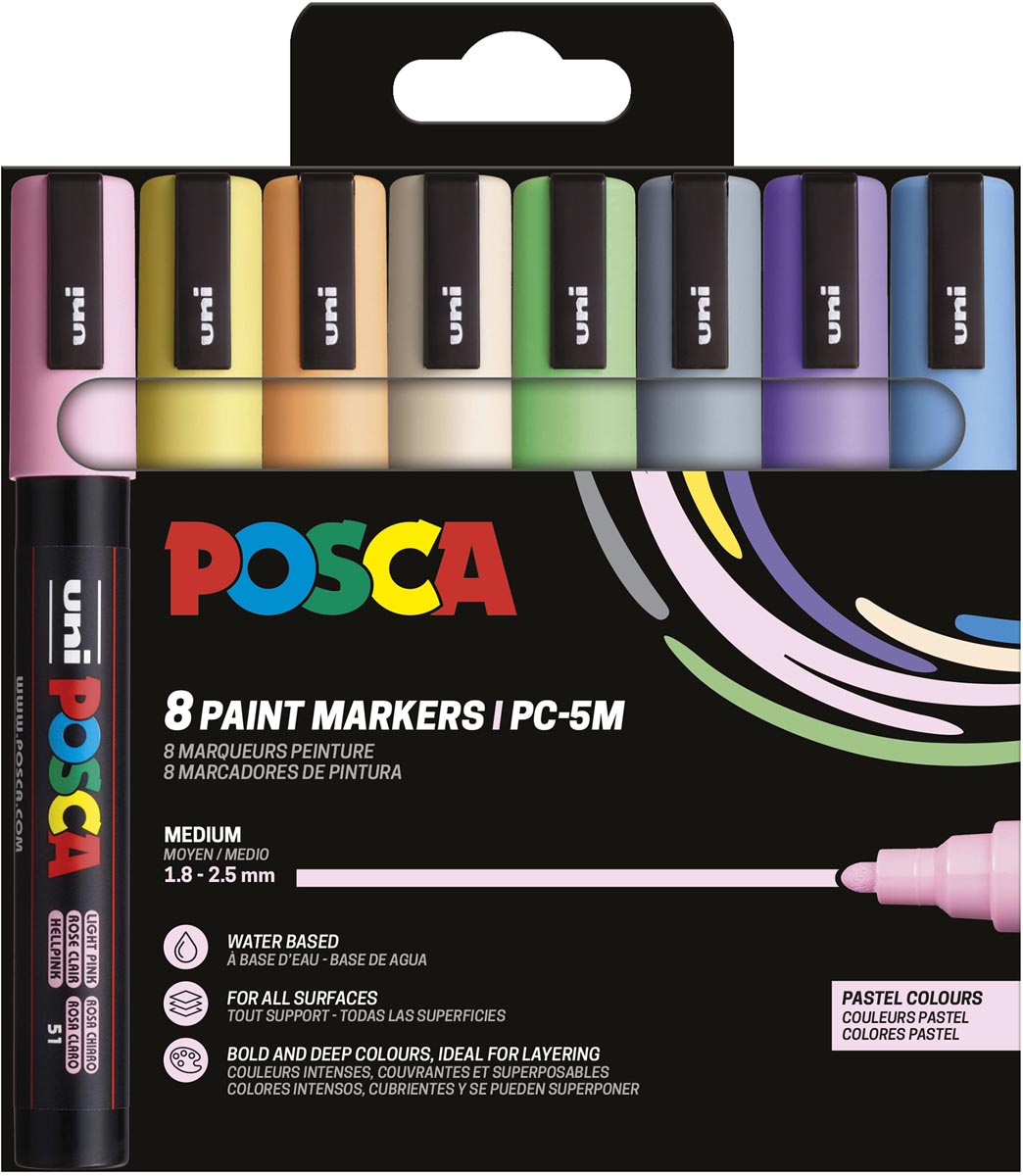 Uni POSCA paintmarker PC-5M, 1,8 - 2,5 mm, etui van 8 stuks in pastelkleuren afbeelding