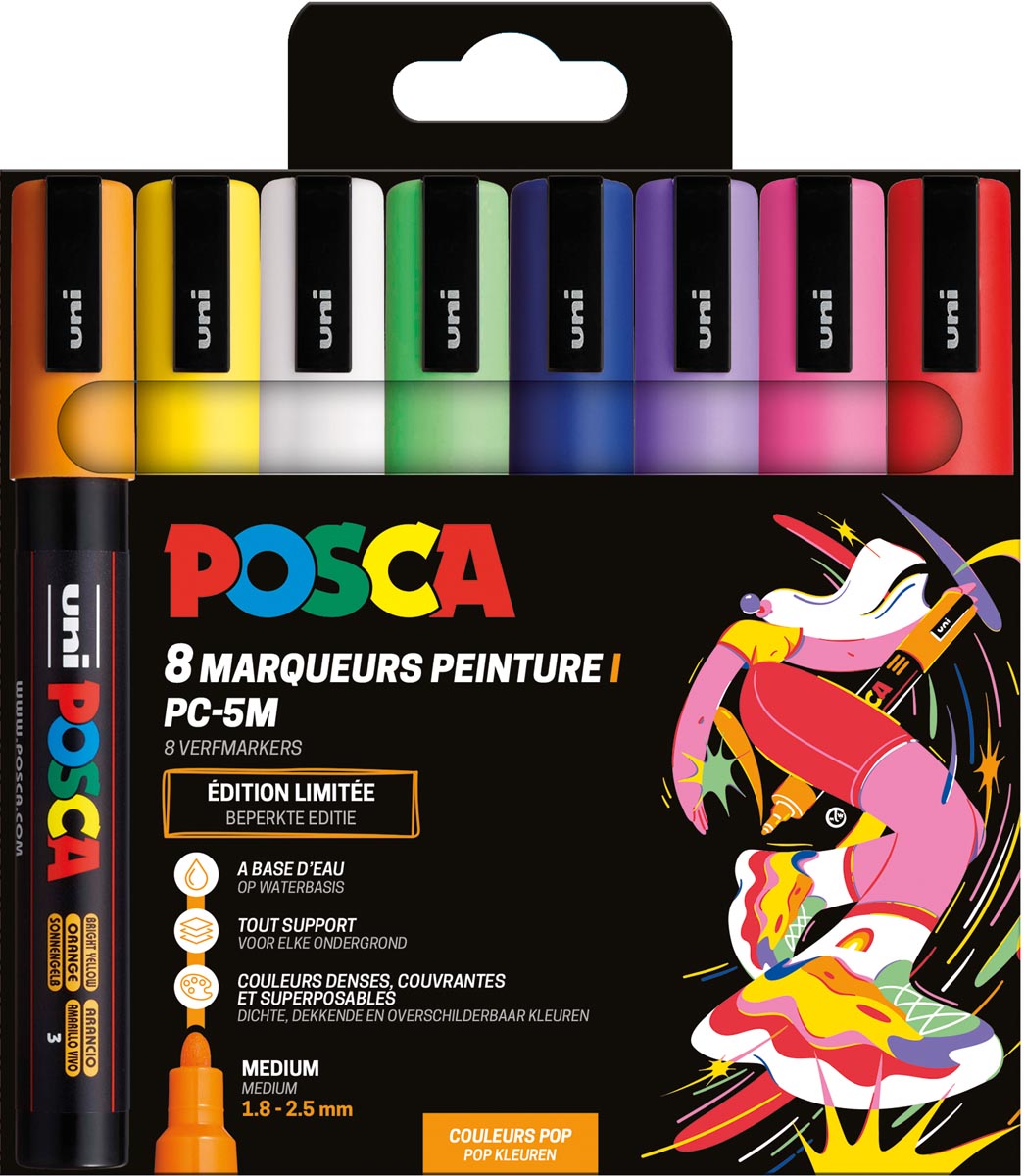 Uni POSCA paintmarker PC-5M, 1,8 - 2,5 mm, etui van 8 stuks in geassorteerde Pop kleuren afbeelding
