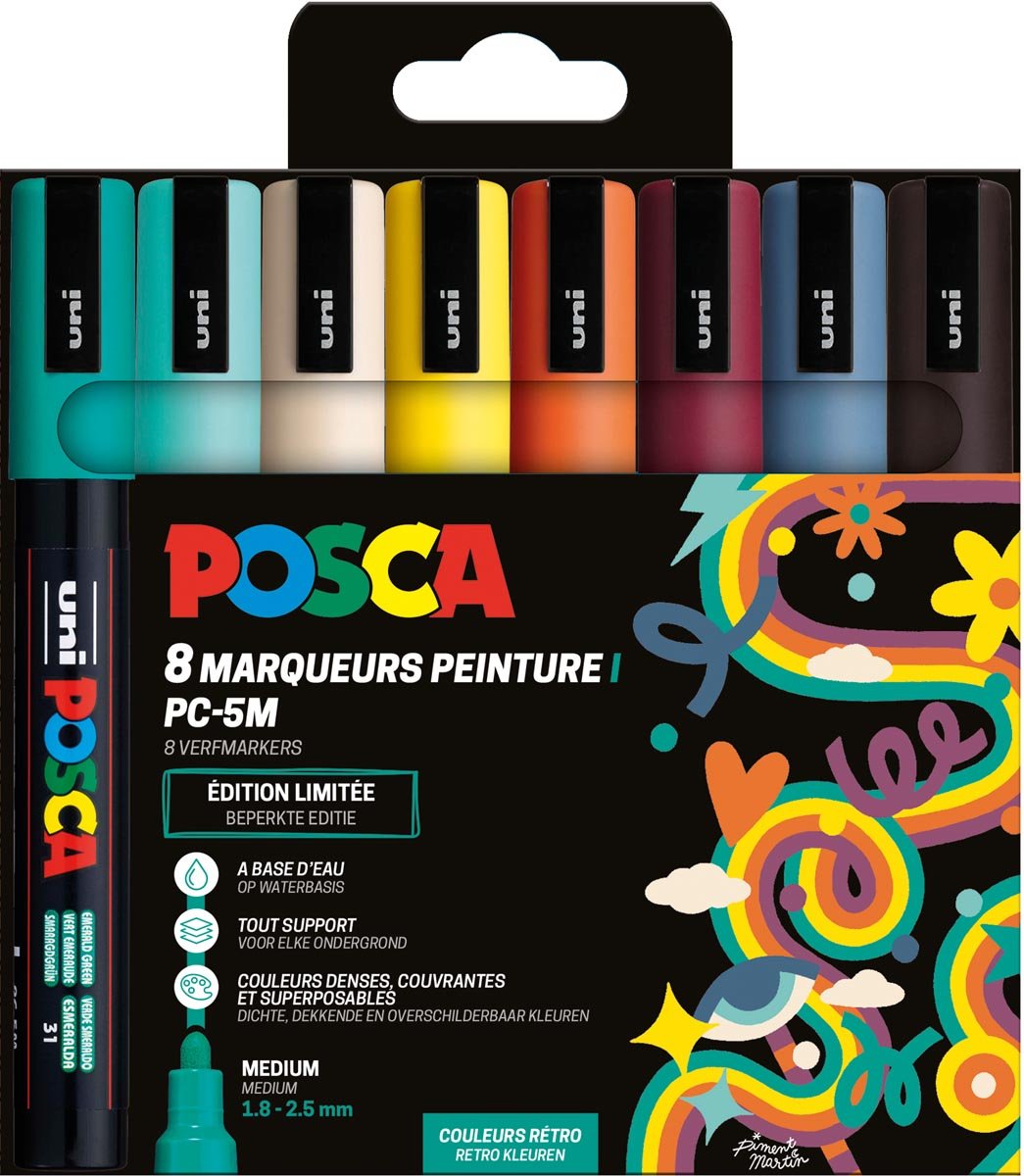 Uni POSCA paintmarker PC-5M, 1,8 - 2,5 mm, etui van 8 stuks in geassorteerde Retro kleuren afbeelding
