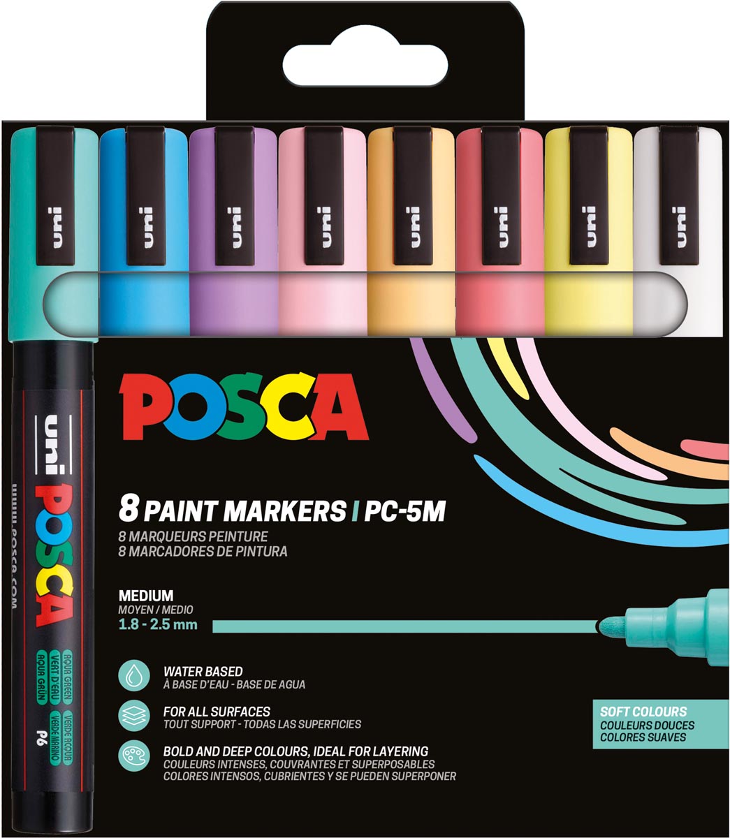 Uni POSCA paintmarker PC-5M, 1,8 - 2,5 mm, etui van 8 stuks in zachte kleuren afbeelding