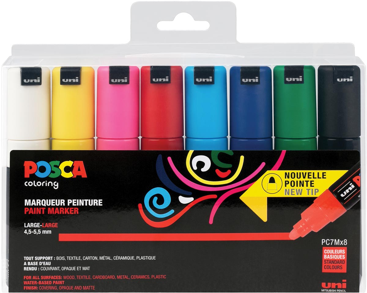 Uni POSCA paintmarker PC-7M, 4,5 - 5,5 mm, etui van 8 markers in geassorteerde basiskleuren afbeelding