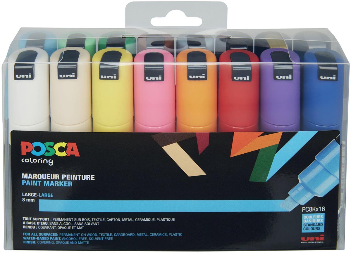 Uni POSCA paintmarker PC-8K, 8 mm, etui met 16 stuks in geassorteerde kleuren afbeelding