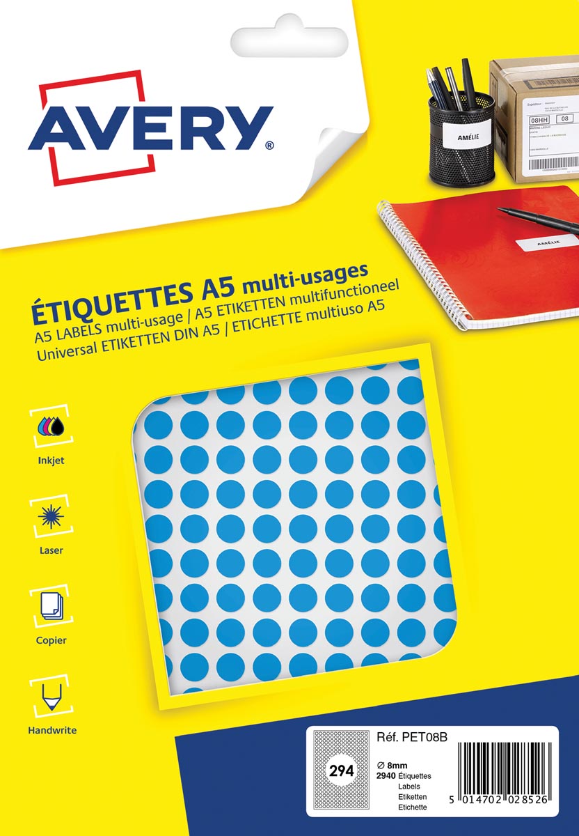 Avery PET08B ronde markeringsetiketten, diameter 8 mm, blister van 2940 stuks, blauw afbeelding