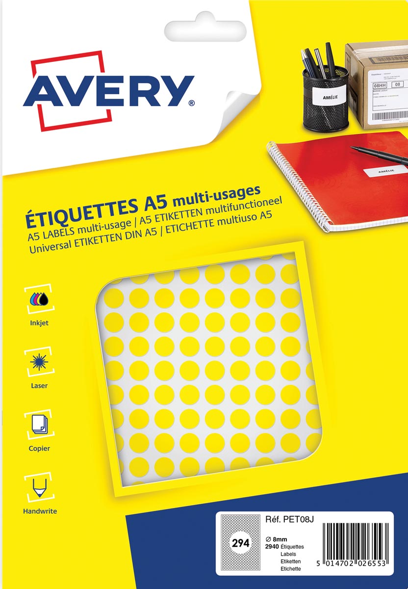 Avery PET08J ronde markeringsetiketten, diameter 8 mm, blister van 2940 stuks, geel afbeelding