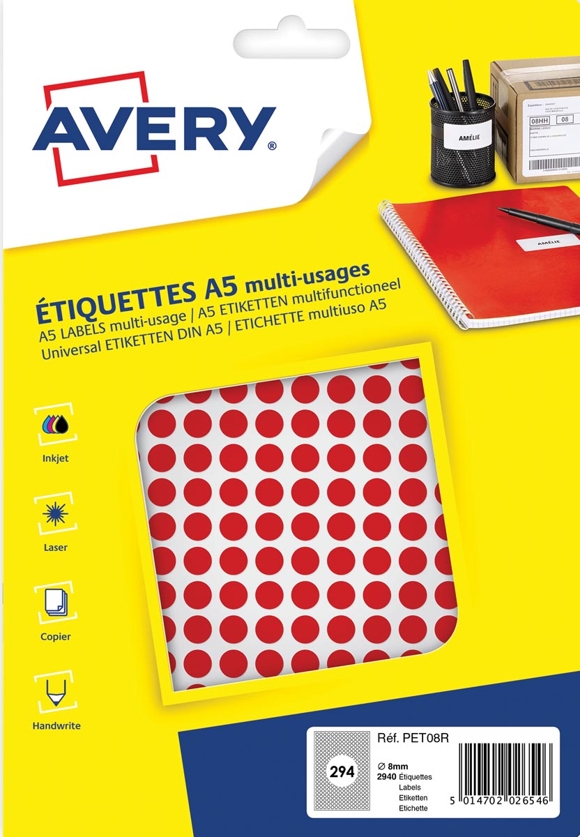 Avery PET08R ronde markeringsetiketten, diameter 8 mm, blister van 2940 stuks, rood afbeelding