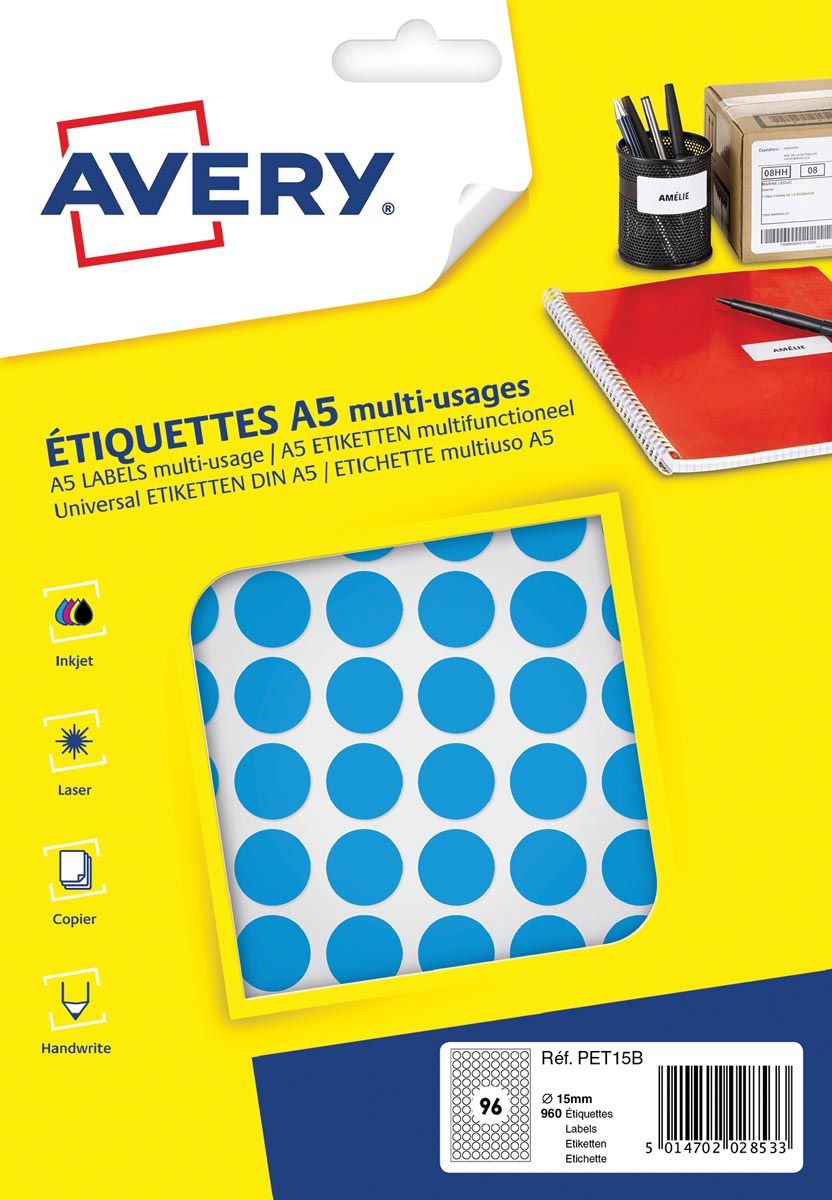 Avery PET15B ronde markeringsetiketten, diameter 15 mm, blister van 960 stuks, blauw