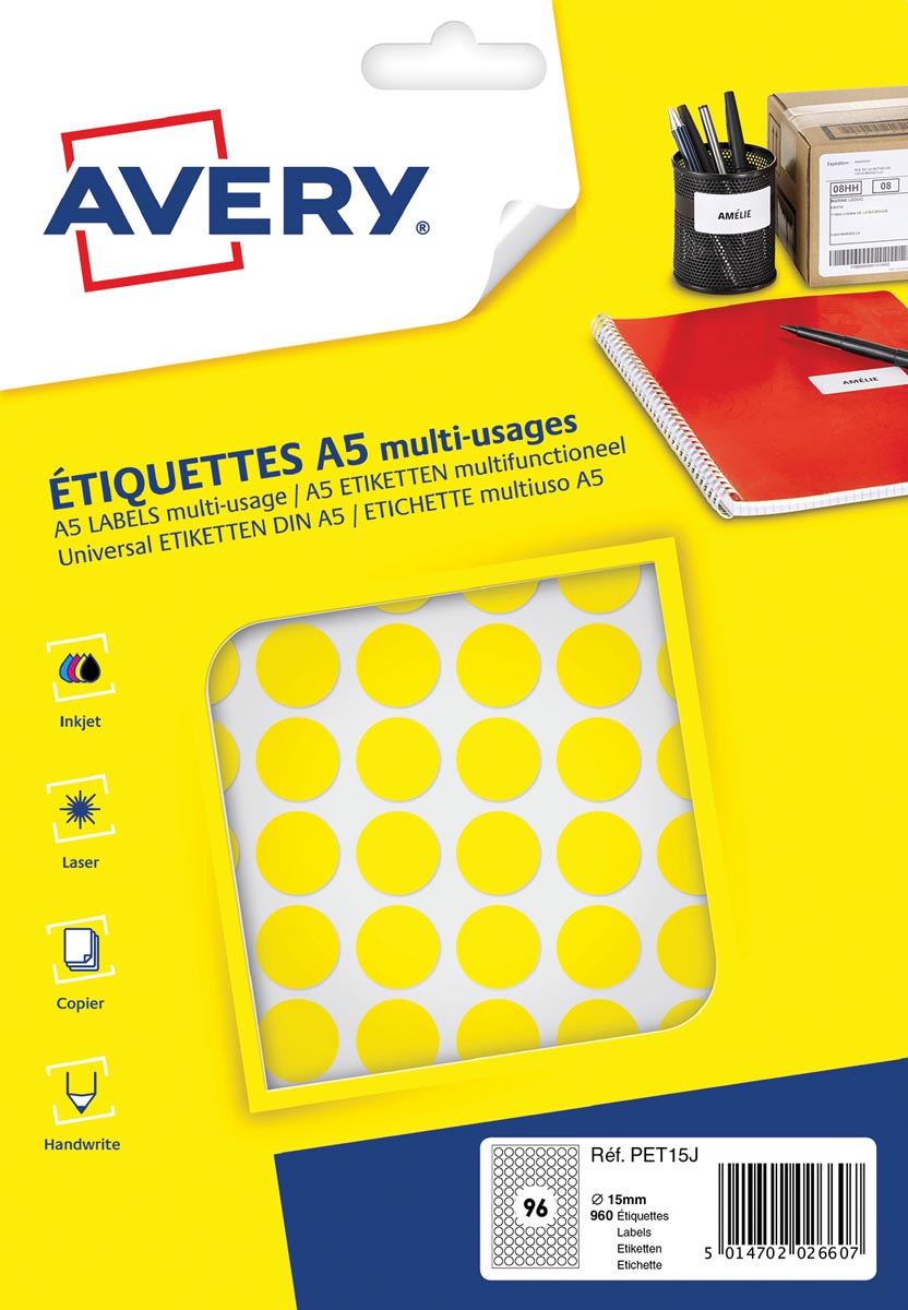 Avery PET15J ronde markeringsetiketten, diameter 15 mm, blister van 960 stuks, geel afbeelding