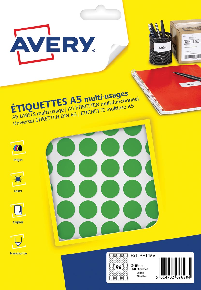 Avery PET15V ronde markeringsetiketten, diameter 15 mm, blister van 960 stuks, groen